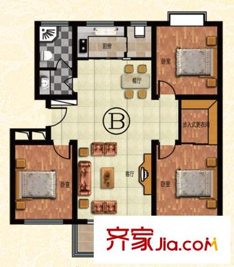 龍溪水岸二期多層B戶型 3室2廳1衛(wèi)1廚