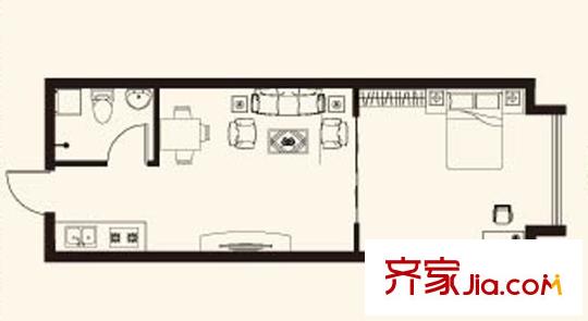 世貿(mào)中心3號樓H戶型 1室1廳1衛(wèi)1廚