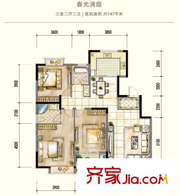 德潤(rùn)康城一期高層春光滿庭CS3-04戶型 3室2廳2衛(wèi)1廚