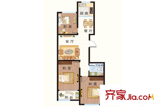 建安花園高層C戶型 3室2廳1衛(wèi)1廚
