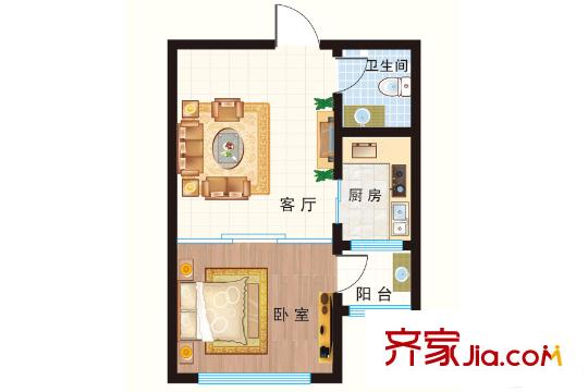 建安花園高層F戶型 1室1廳1衛(wèi)1廚