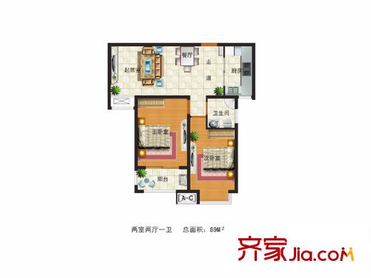 水韻華府高層戶型 2室2廳1衛(wèi)1廚