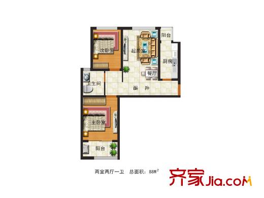 水韻華府高層戶型 2室2廳1衛(wèi)1廚