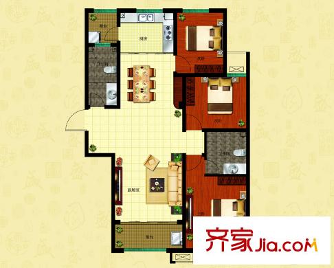 北大錦城5號(hào)樓J戶型 3室2廳2衛(wèi)1廚