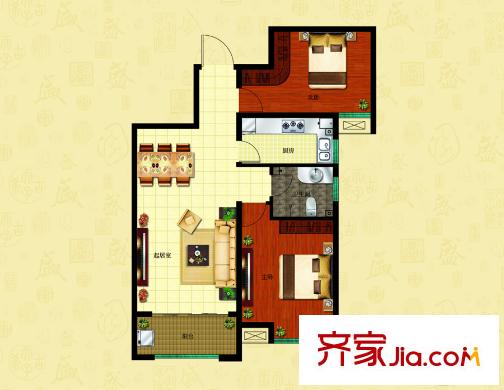 北大錦城4號(hào)樓H1戶型 2室2廳1衛(wèi)1廚