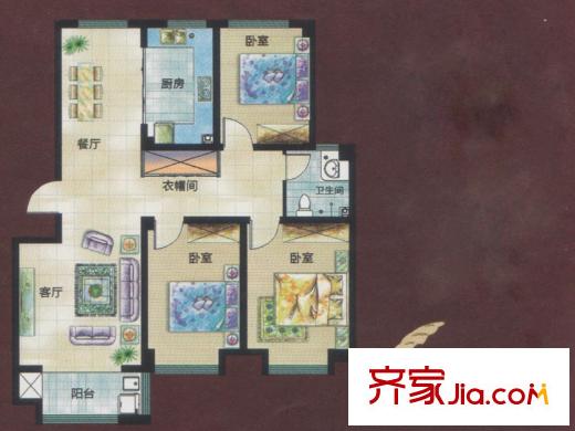 新方新平方米園一期多層D戶型 3室2廳1衛(wèi)1廚