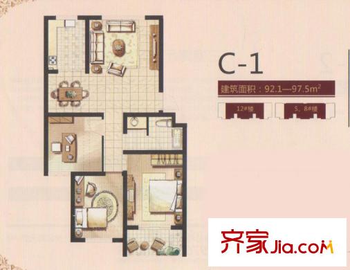 德霖臻和園一期多層5#樓C1戶(hù)型 3室2廳1衛(wèi)1廚