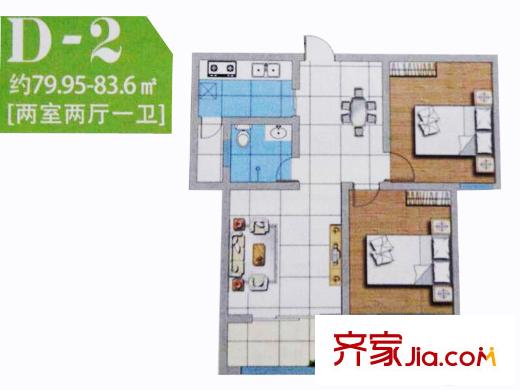 德霖臻和園一期高層1#樓D2戶(hù)型 2室2廳1衛(wèi)1廚