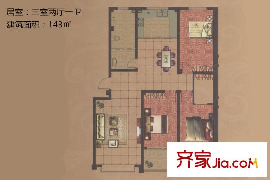 澳博萊花園24#J戶型 3室2廳1衛(wèi)1廚