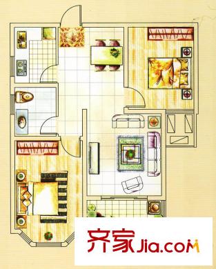 紫金花園一期高層標準層F戶型 2室2廳1衛(wèi)1廚