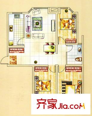 紫金花園一期高層標準層G戶型 3室2廳1衛(wèi)1廚