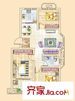 紫金花園一期多層標準層D2戶型 3室2廳1衛(wèi)1廚
