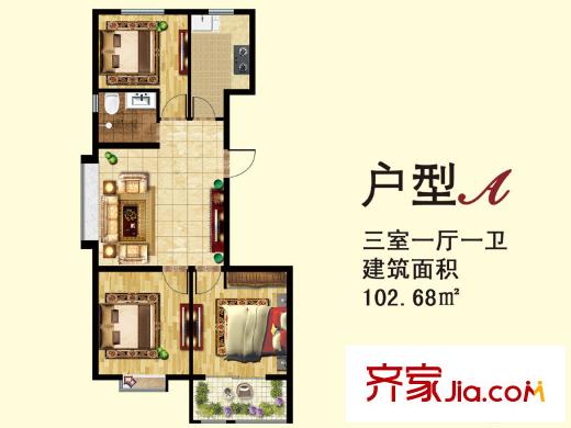 水映幸福城17/18號(hào)樓A戶(hù)型 3室1廳1衛(wèi)1廚