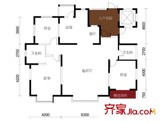 濰京二期F1戶型 3室2廳2衛(wèi)1廚