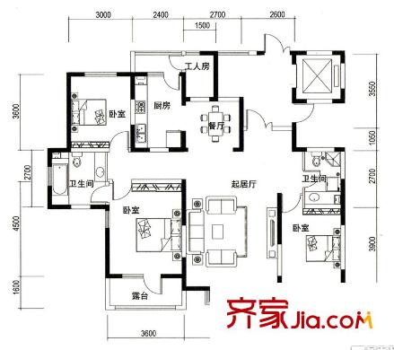 濰京一期A戶型 3室2廳2衛(wèi)1廚