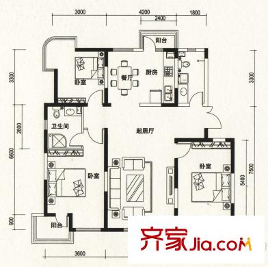 濰京C戶型 3室2廳2衛(wèi)1廚