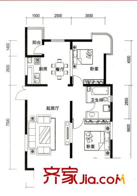 濰京D戶型 2室2廳1衛(wèi)1廚