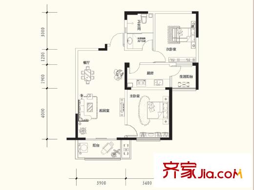 宏鼎凡爾賽麗都高層C3戶型 2室2廳1衛(wèi)1廚