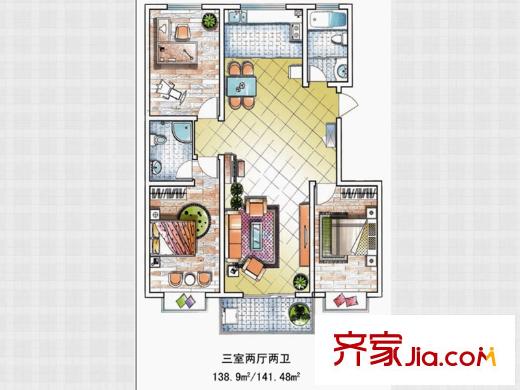 鳳山曉筑一期多層7#/9#樓C戶型 3室2廳1衛(wèi)1廚