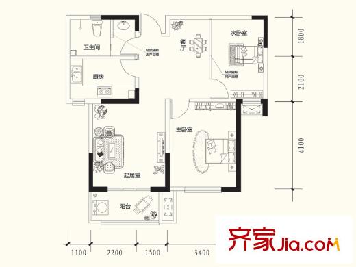 宏鼎凡爾賽麗都高層C1戶型 2室2廳1衛(wèi)1廚