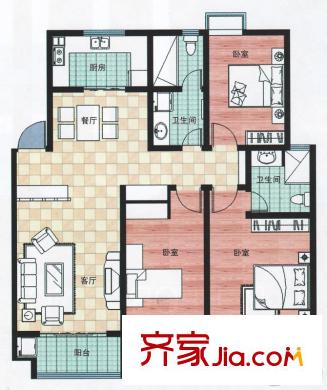 萬合華庭一期多層1-10號(hào)樓C戶型（售完） 3室2廳2衛(wèi)1廚