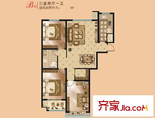 金鼎華府二期高層住宅14#樓B6戶型 3室2廳1衛(wèi)1廚