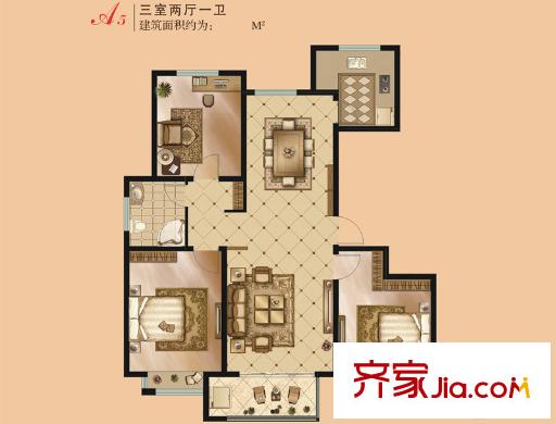 金鼎華府二期住宅13/15#樓A5戶型 3室2廳1衛(wèi)1廚
