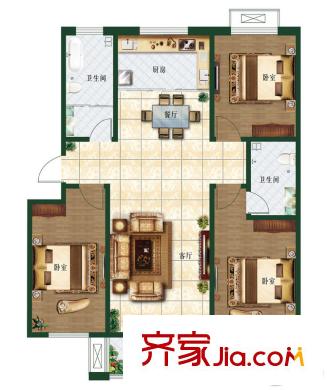 富通花園一期多層1號樓I戶型 3室2廳2衛(wèi)1廚