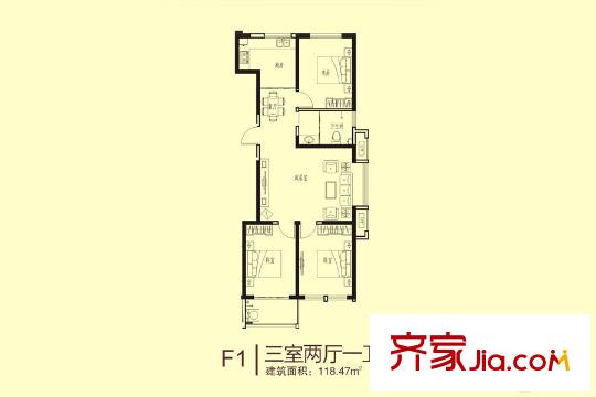 圣基金碧廣場二期高層3#F1戶型 3室2廳1衛(wèi)1廚