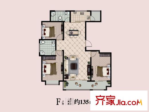 將軍府1-5號樓F戶型 3室2廳2衛(wèi)