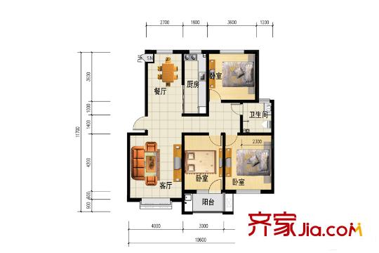 三友鼎盛園多層A戶型 3室2廳1衛(wèi)1廚