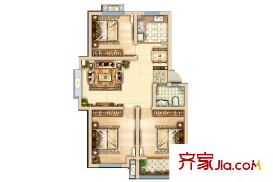 濱城綠洲五期多層A戶型 3室2廳1衛(wèi)1廚
