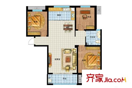 九州方圓國際1/2/7/8號樓C戶型 3室2廳1衛(wèi)1廚