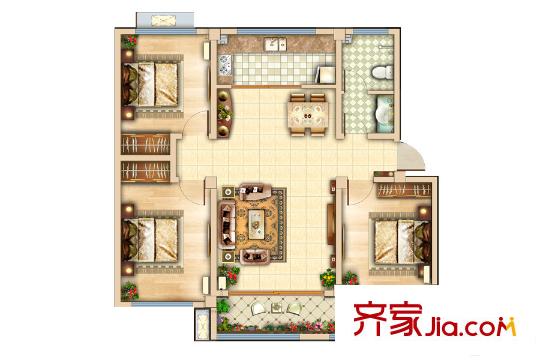 濱城綠洲五期多層B戶型 3室2廳1衛(wèi)1廚