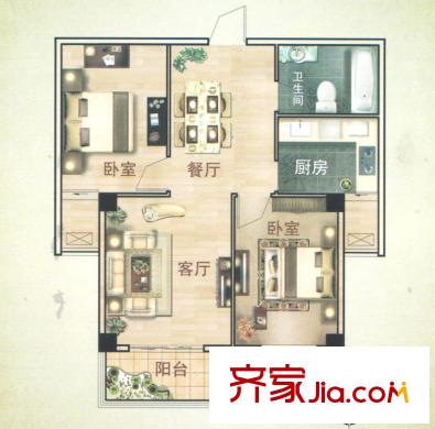 金御皇廷3號(hào)樓B1戶(hù)型（售完） 2室2廳1衛(wèi)1廚