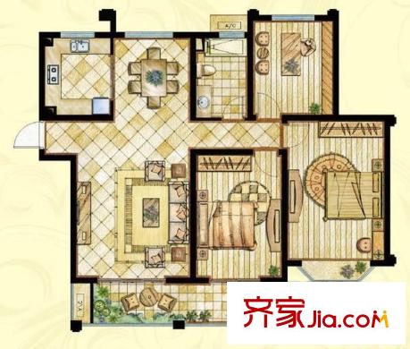 畫家公寓 戶型圖 3室2廳1衛(wèi)
