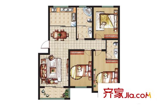 紫瑞園玲瓏閣多層8號樓中間戶戶型 3室3廳3衛(wèi)1廚