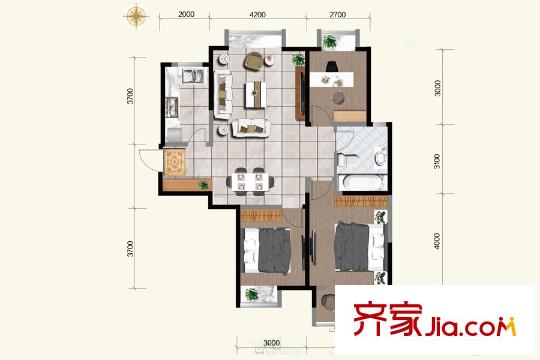 虞河生活城10號(hào)樓2J戶(hù)型 3室2廳1衛(wèi)1廚