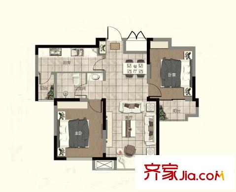 虞河生活城2A戶(hù)型 2室2廳1衛(wèi)1廚