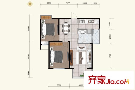 虞河生活城10號(hào)樓2H1戶(hù)型 2室2廳1衛(wèi)1廚