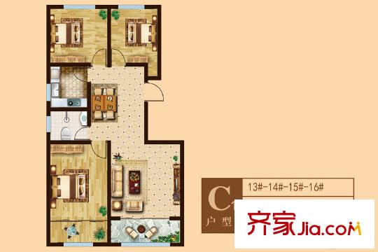 壹品御苑13/14/15/16#樓C1戶型 3室2廳1衛(wèi)1廚