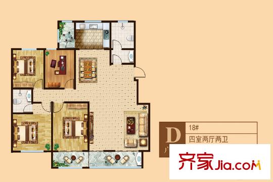 壹品御苑18#樓D戶型 4室2廳2衛(wèi)1廚