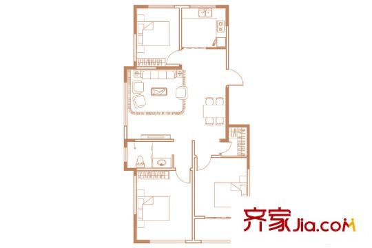 金玉華府中庭三房西山C戶型 3室2廳1衛(wèi)1廚