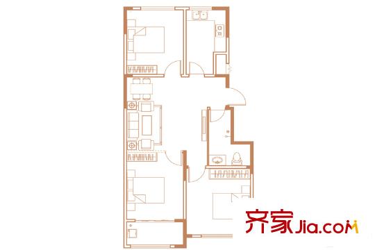 金玉華府中庭三房B戶型 3室2廳1衛(wèi)1廚
