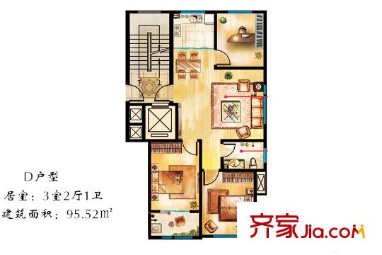金馬熙院4/5/10/11/16/17#D戶型 3室2廳1衛(wèi)1廚