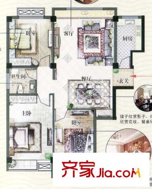麗水芳洲一期標(biāo)準(zhǔn)層戶型圖 3室2廳1衛(wèi)1廚