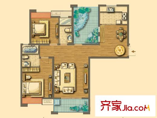 海悅國際戶型圖1、2#E戶型124.02平方米戶型圖 2室2廳2衛(wèi)1廚