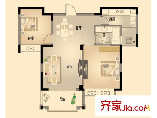 北城名郡4、5、6號(hào)樓A9戶型 2室2廳1衛(wèi)1廚