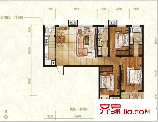 金海岸國際廣場戶型圖三室兩廳兩衛(wèi)4 3室2廳2衛(wèi)1廚