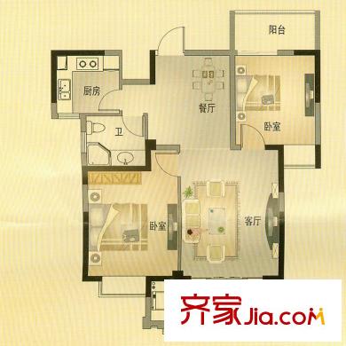 北城名郡1、3號樓A3戶型 2室2廳1衛(wèi)1廚